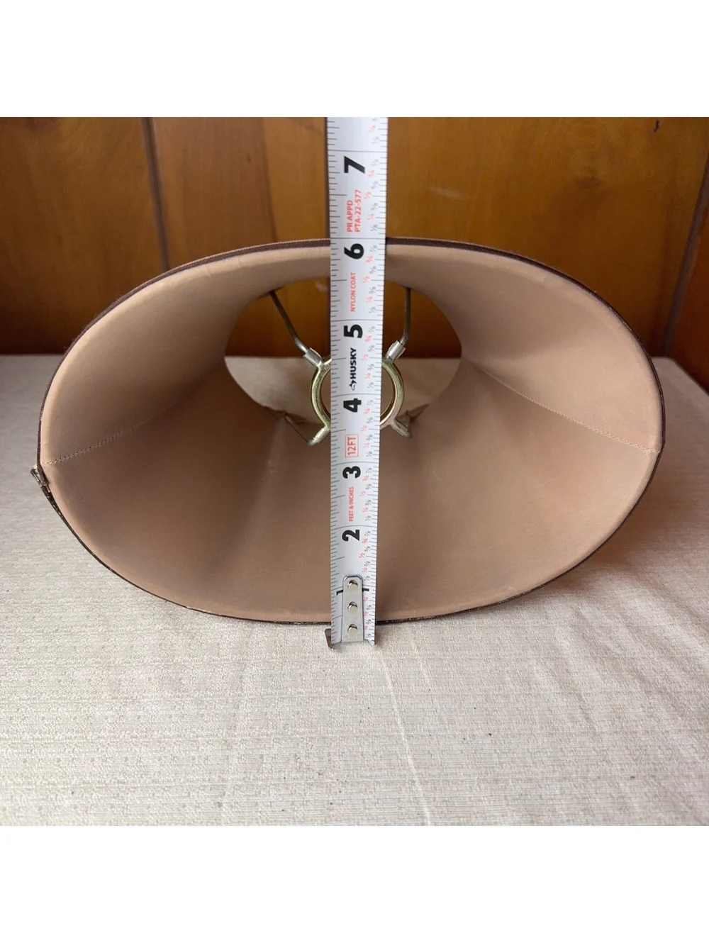 Vintage Bell Shaped Beige Fabric Lampshade Brown Trim 7 Inch Tall